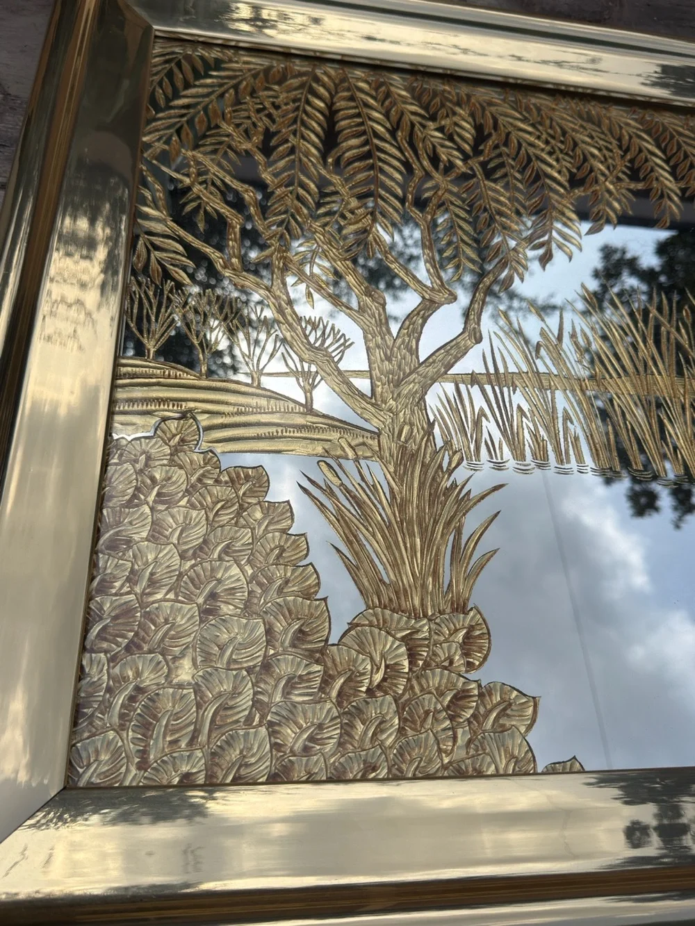 Vintage Hollywood Regency Asian 53x30 Chinoiserie Landscape Gold Etched Mirror